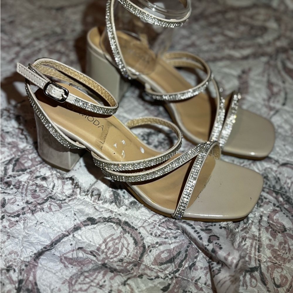 Others Follow Taupe Strappy Heels with Rhinestone Details